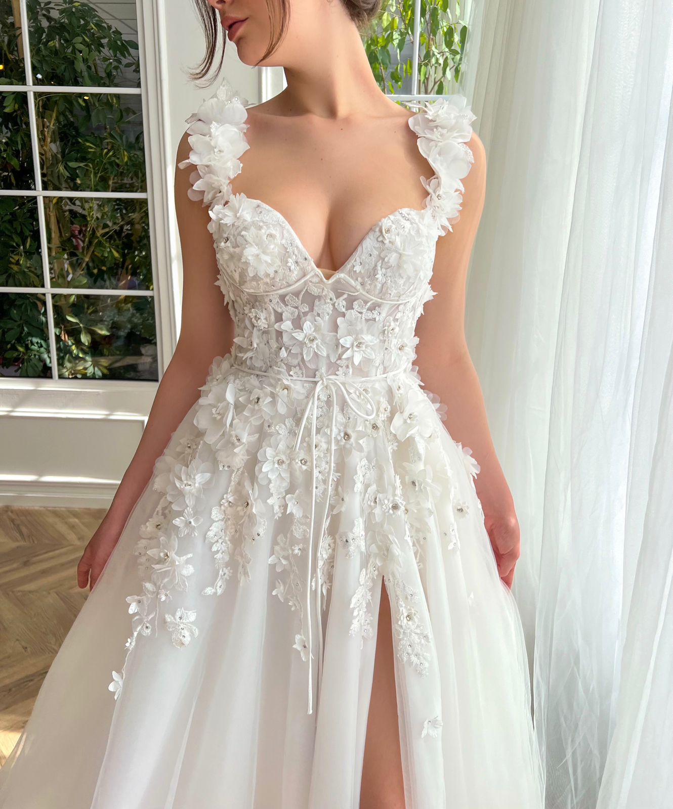 White A-Line bridal dress with straps, v-neck and embroidery
