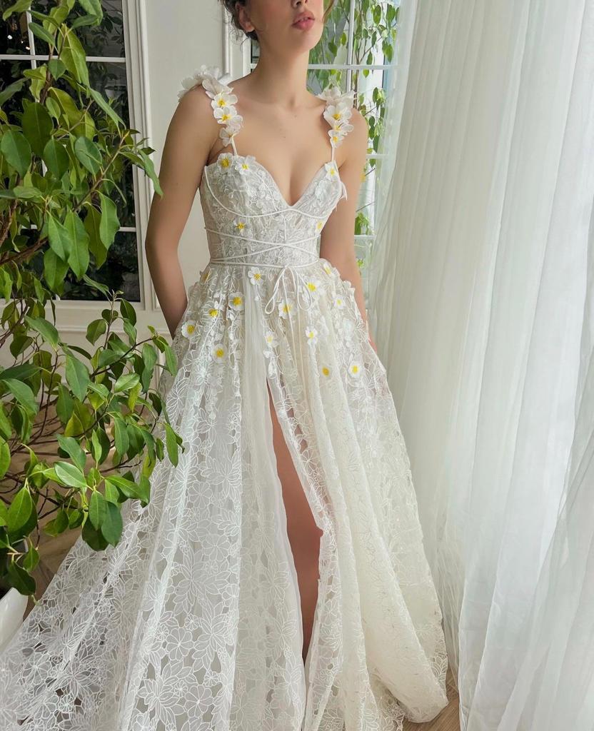 White A-Line bridal dress with spaghetti straps, embroidery and v-neck