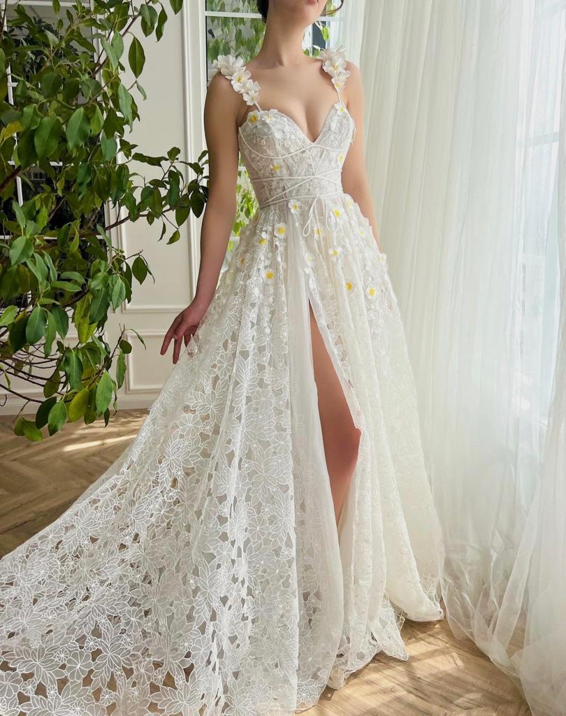 White A-Line bridal dress with spaghetti straps, embroidery and v-neck