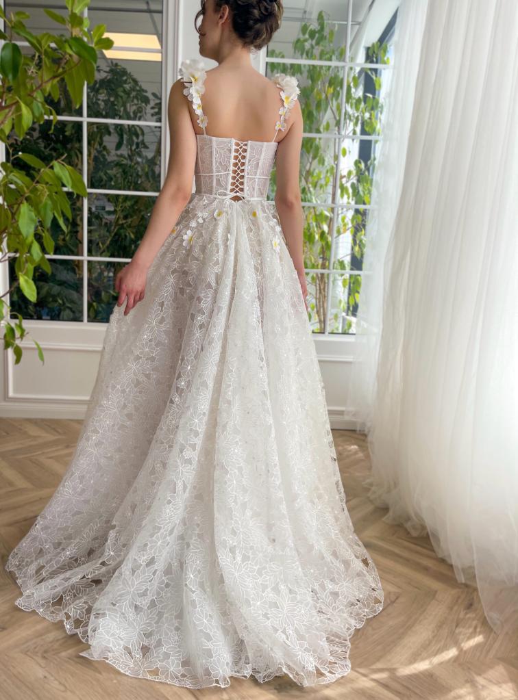 White A-Line bridal dress with spaghetti straps, embroidery and v-neck