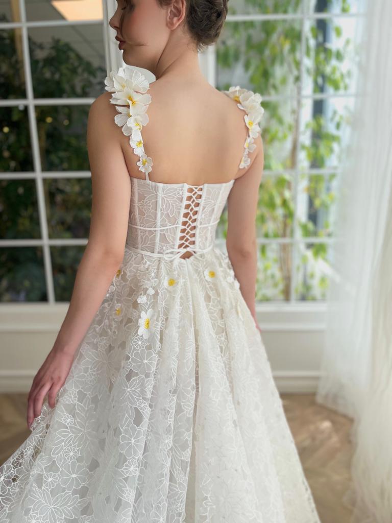 White A-Line bridal dress with spaghetti straps, embroidery and v-neck