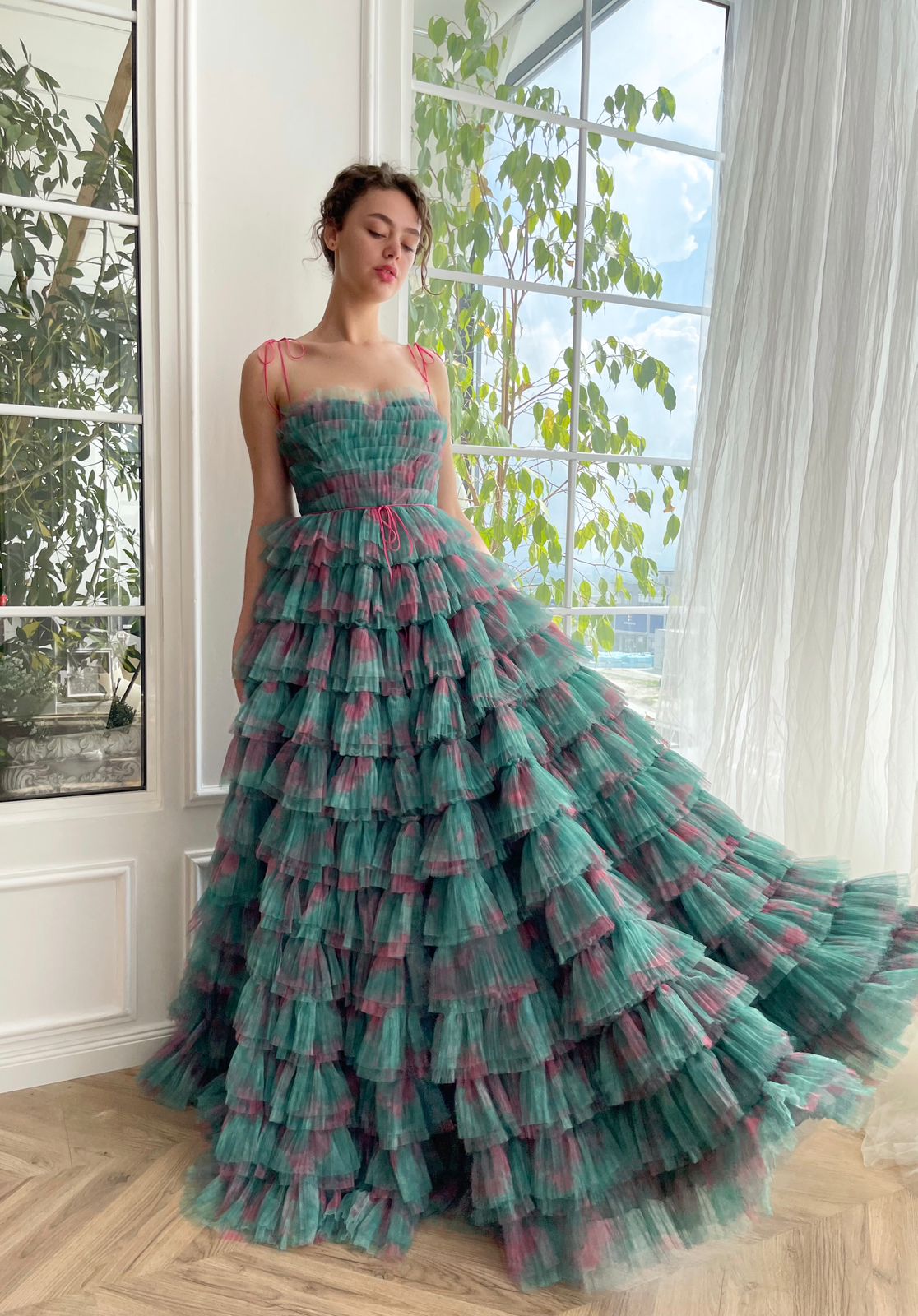 Green A-Line dress with ruffles and spaghetti straps