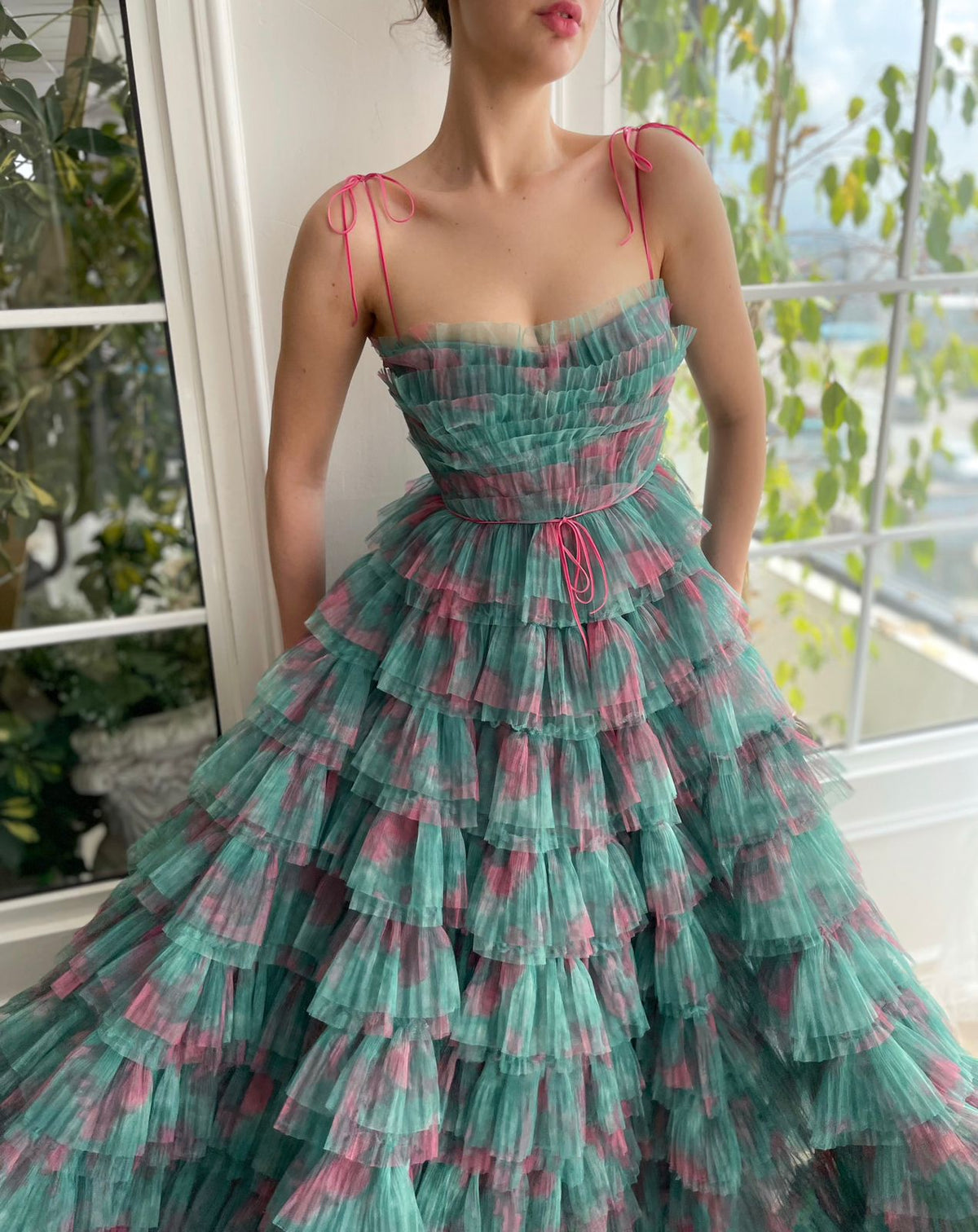 Green A-Line dress with ruffles and spaghetti straps