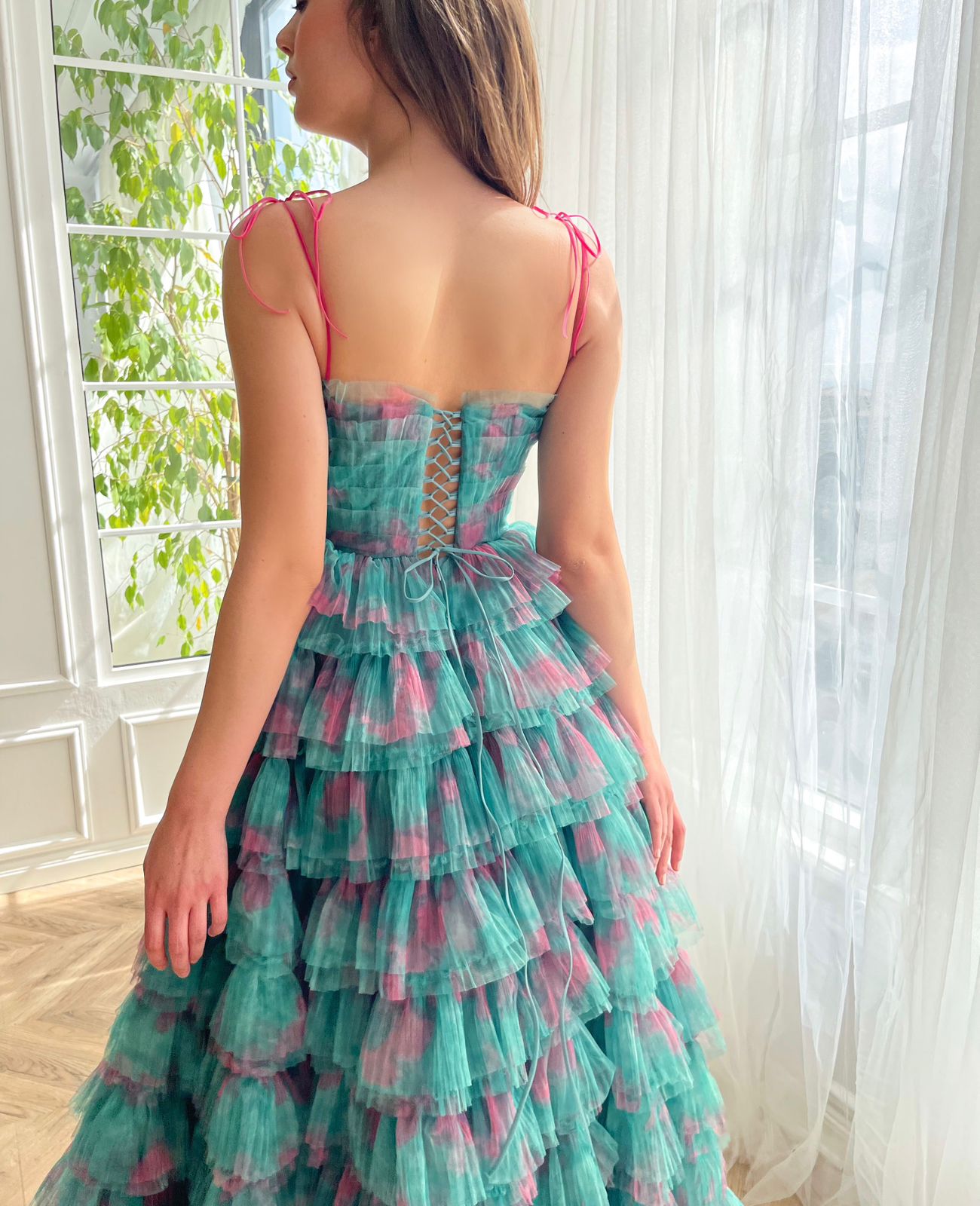 Green A-Line dress with ruffles and spaghetti straps