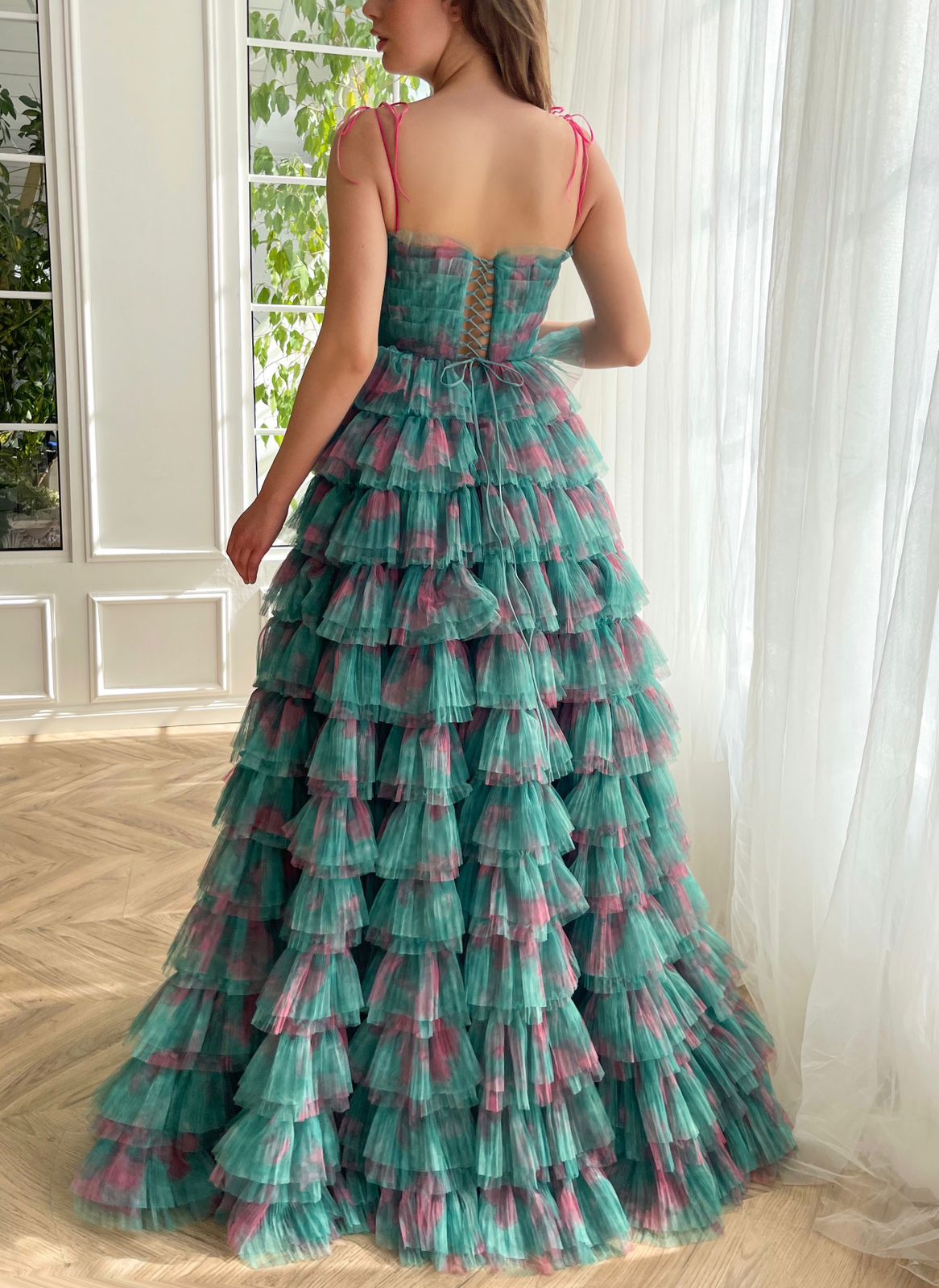 Green A-Line dress with ruffles and spaghetti straps
