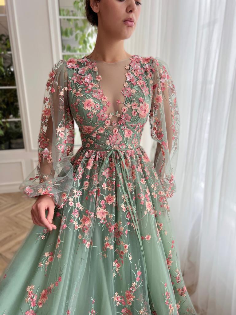 Green A-Line dress with v-neck, flowers, embroidery and long sleeves