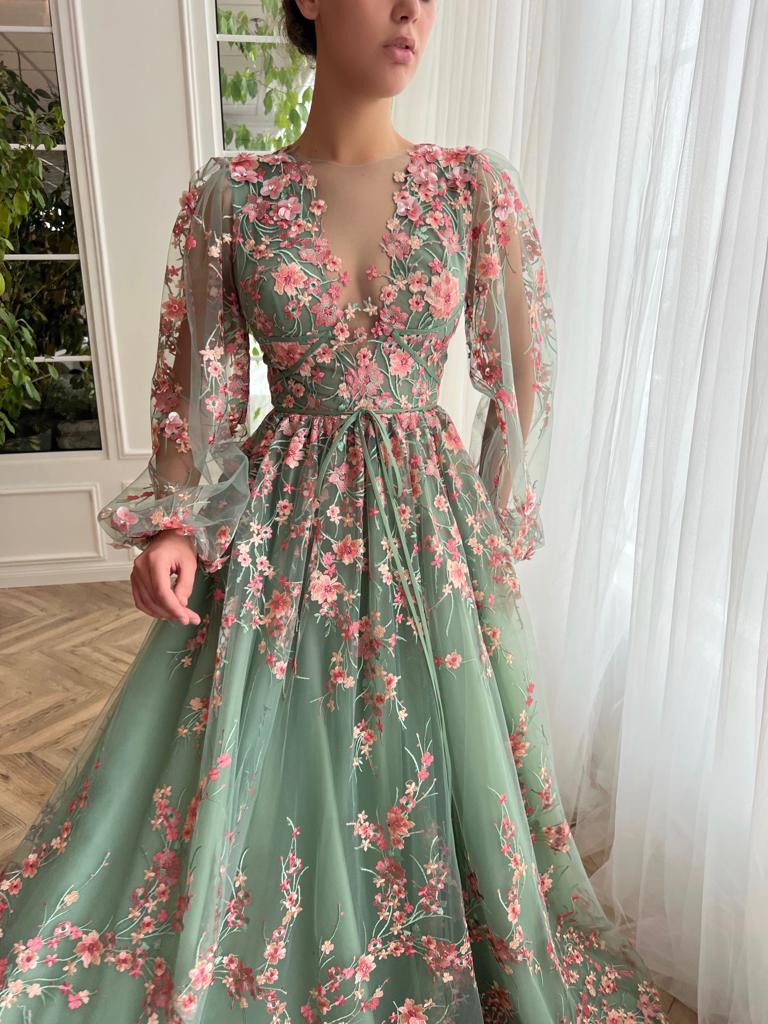 Green A-Line dress with v-neck, flowers, embroidery and long sleeves