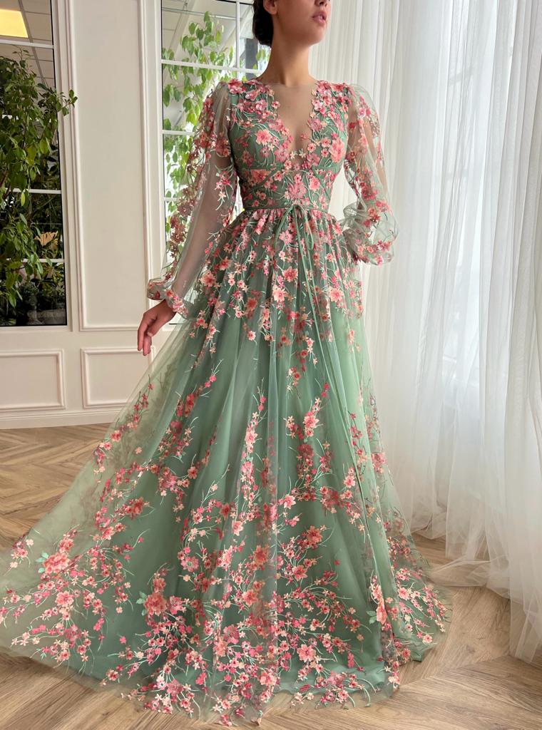 Green A-Line dress with v-neck, flowers, embroidery and long sleeves