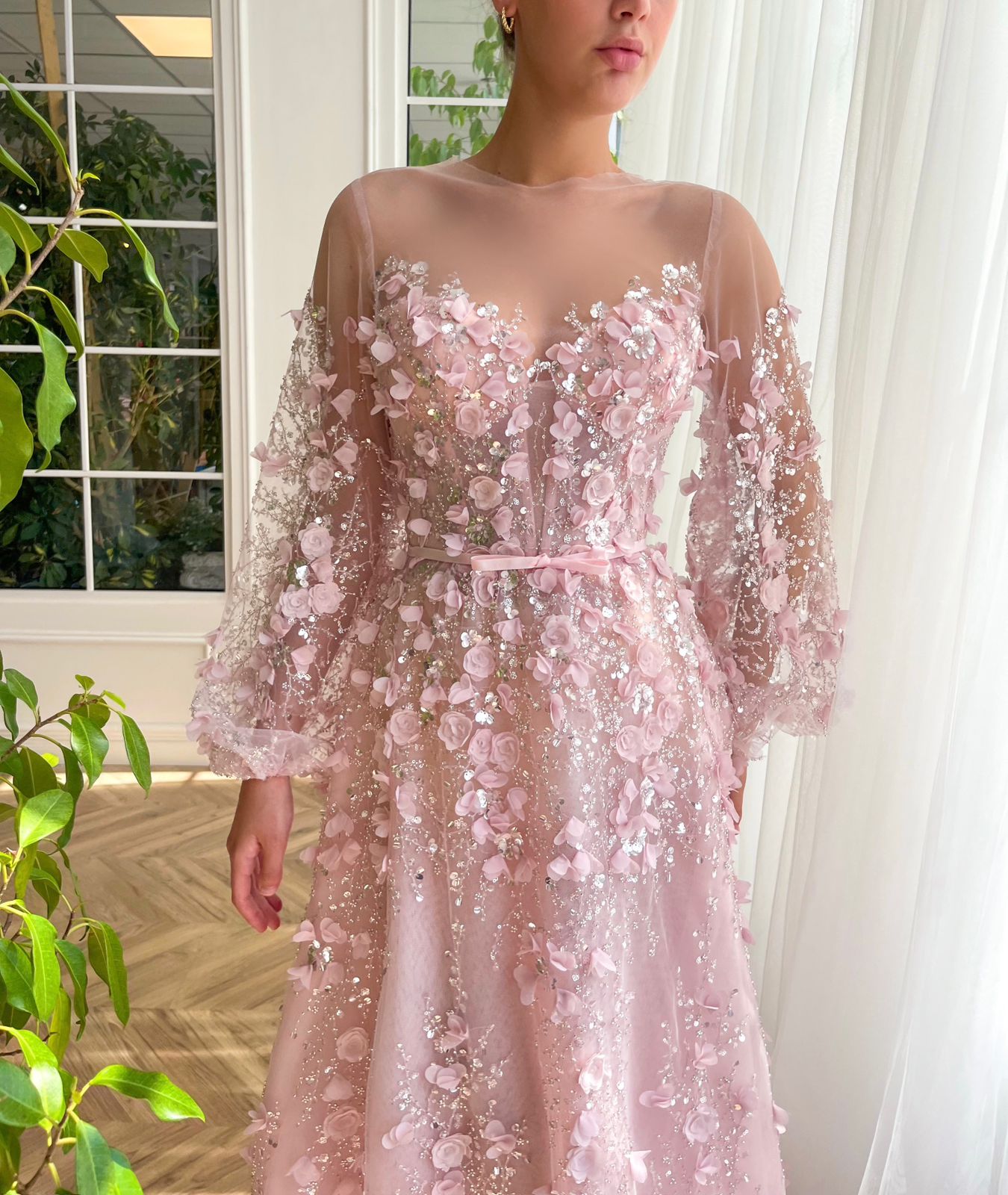 Pink A-Line dress with long sleeves and embroidery