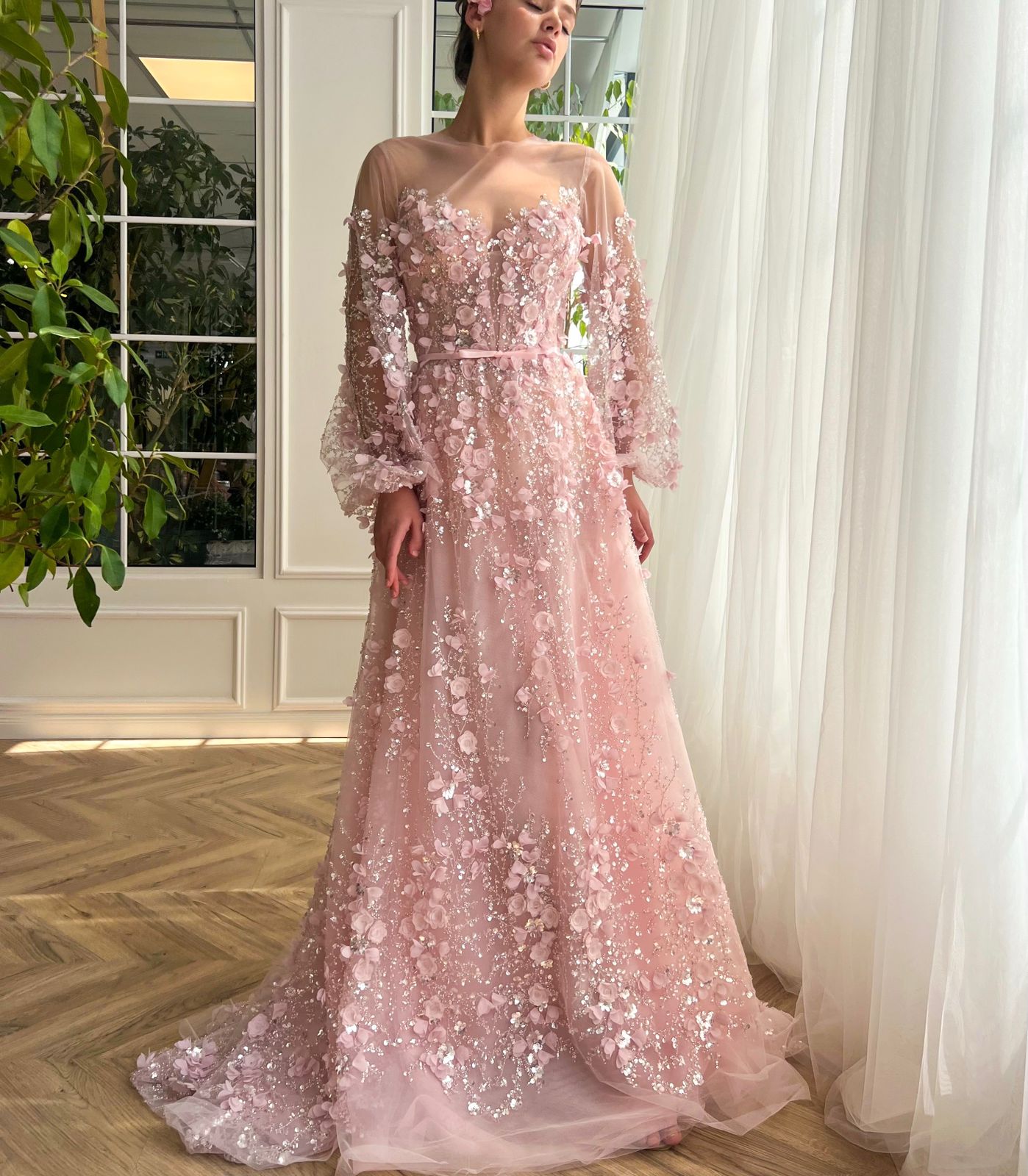 Pink A-Line dress with long sleeves and embroidery