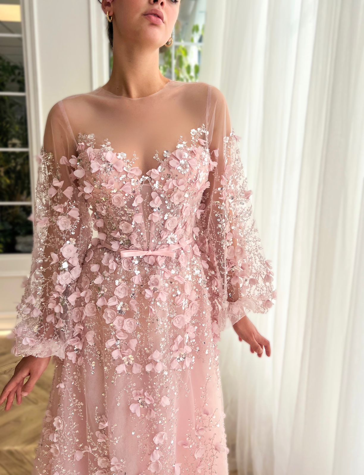 Pink A-Line dress with long sleeves and embroidery