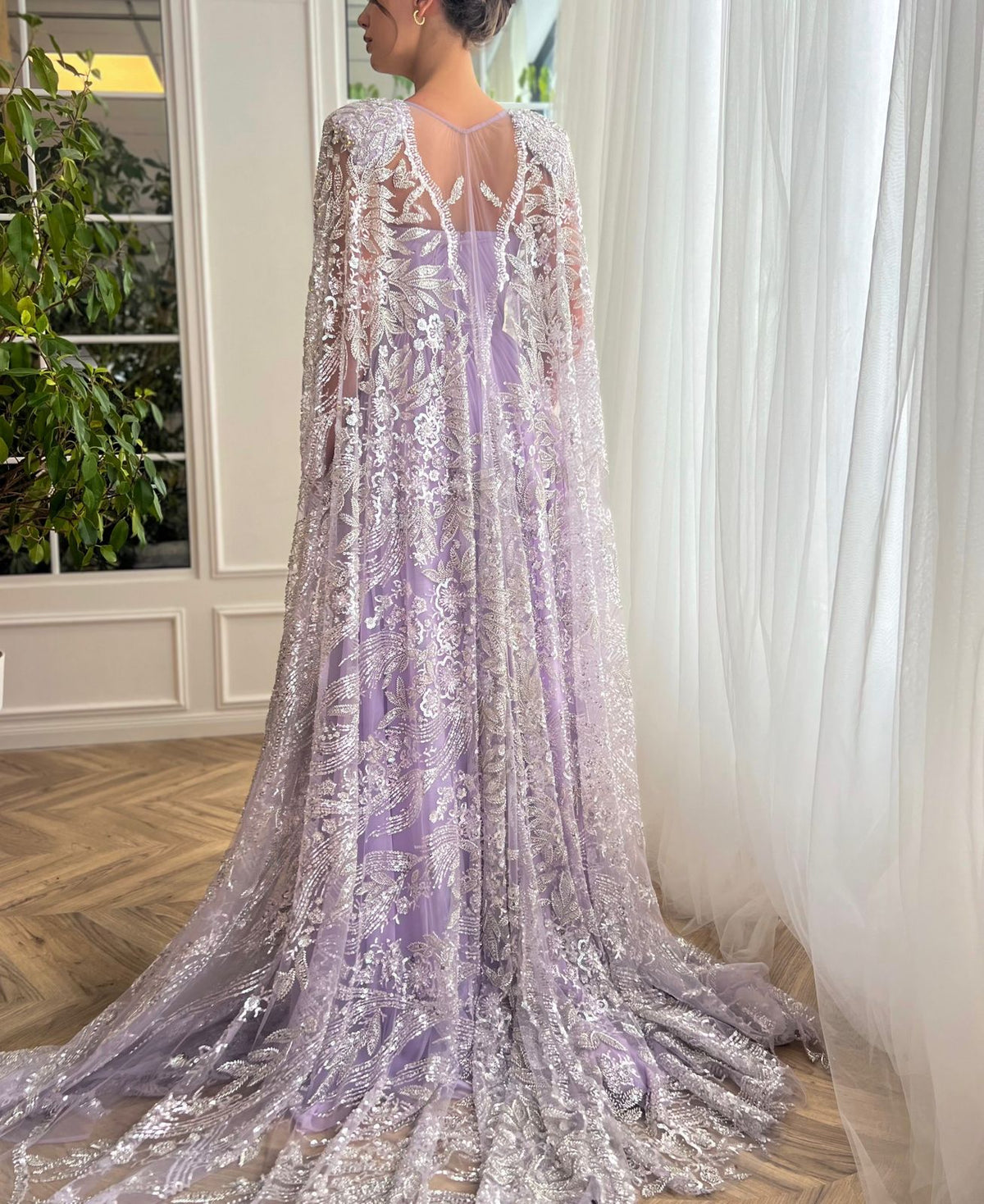 Purple A-Line dress with cape sleeves and embroidery