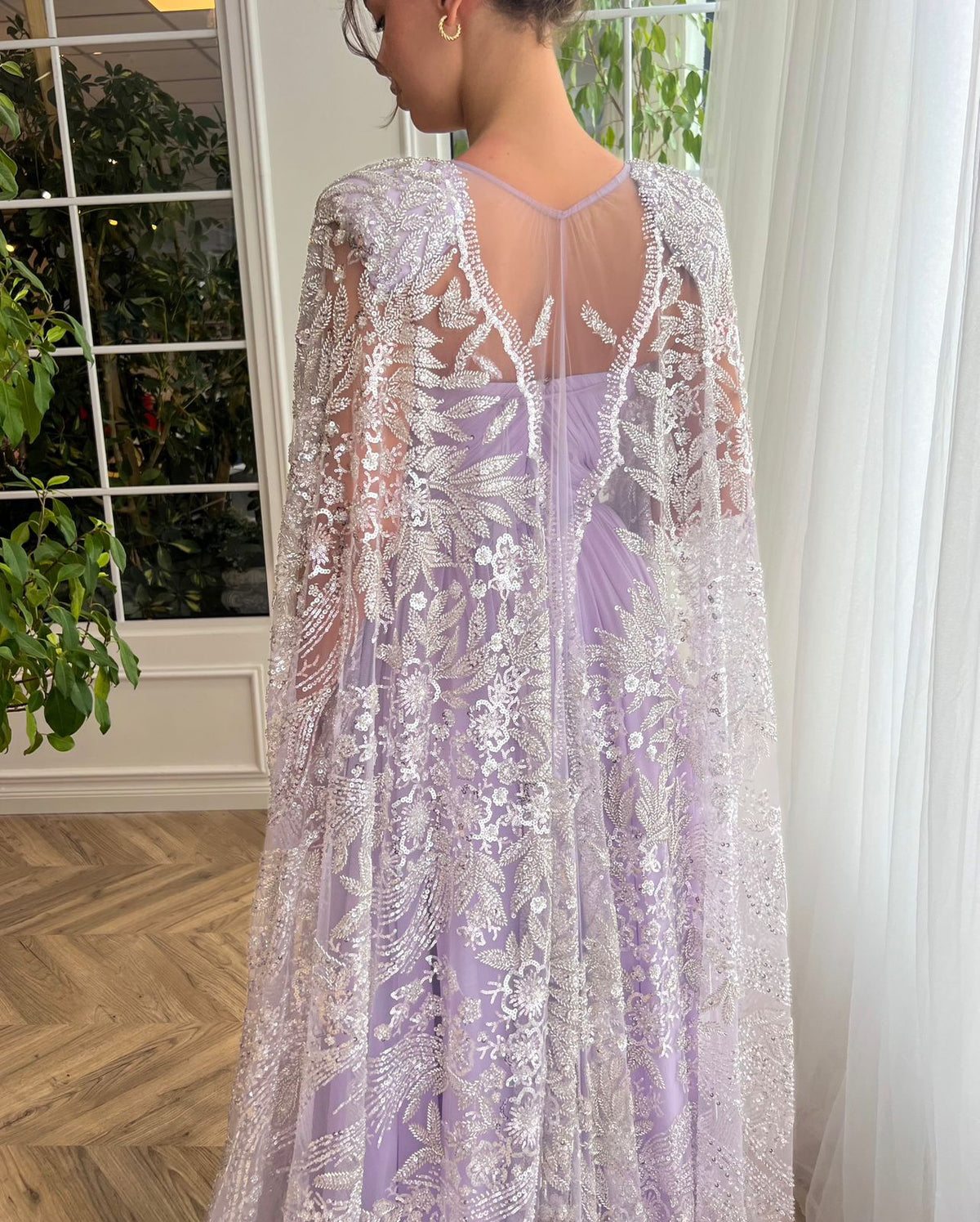 Purple A-Line dress with cape sleeves and embroidery