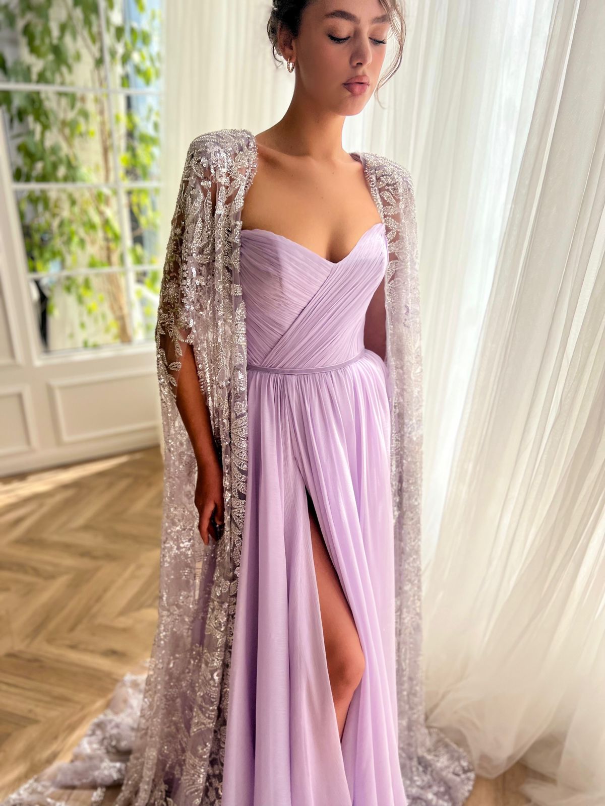 Purple A-Line dress with cape sleeves and embroidery