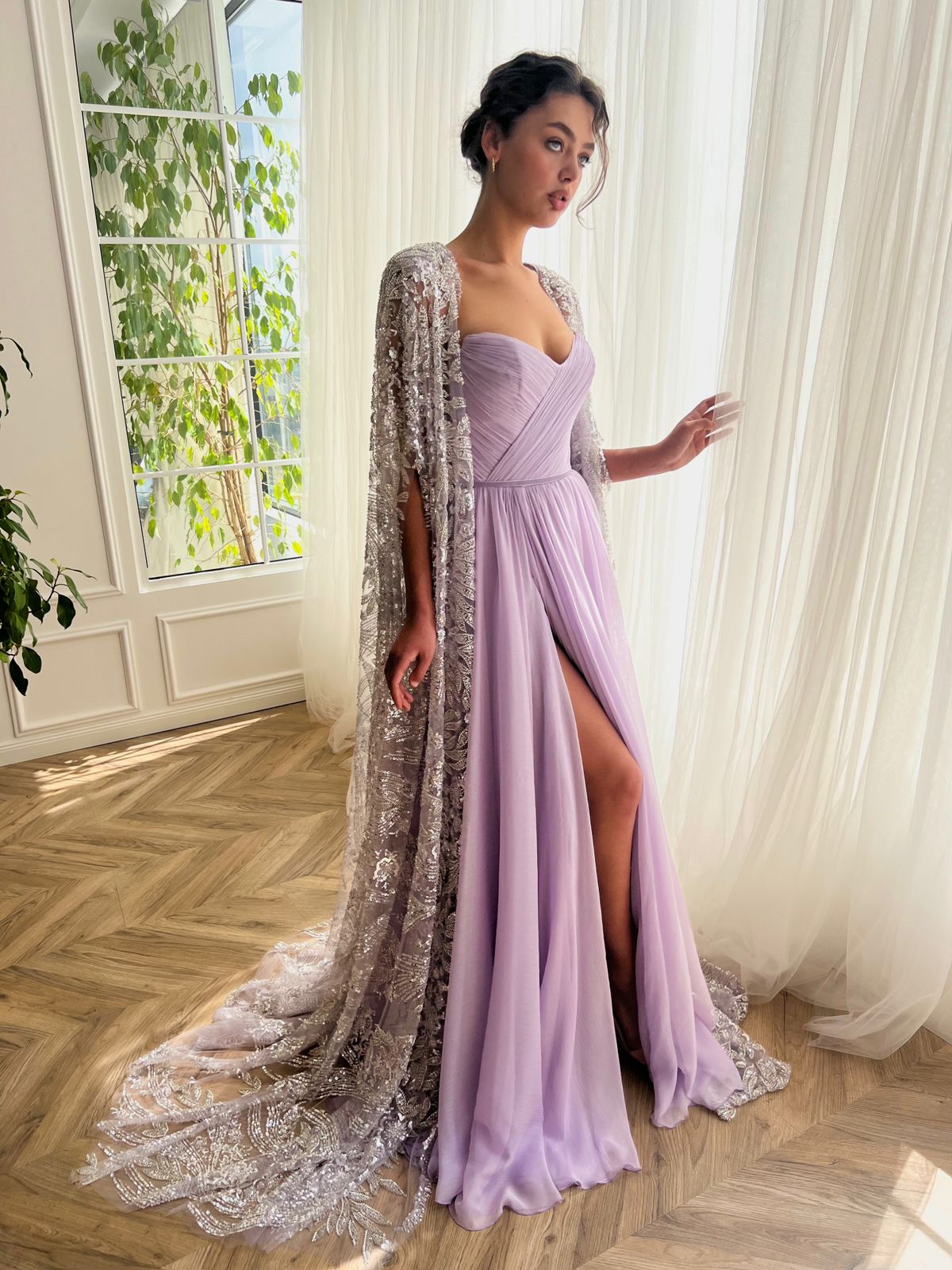 Purple A-Line dress with cape sleeves and embroidery