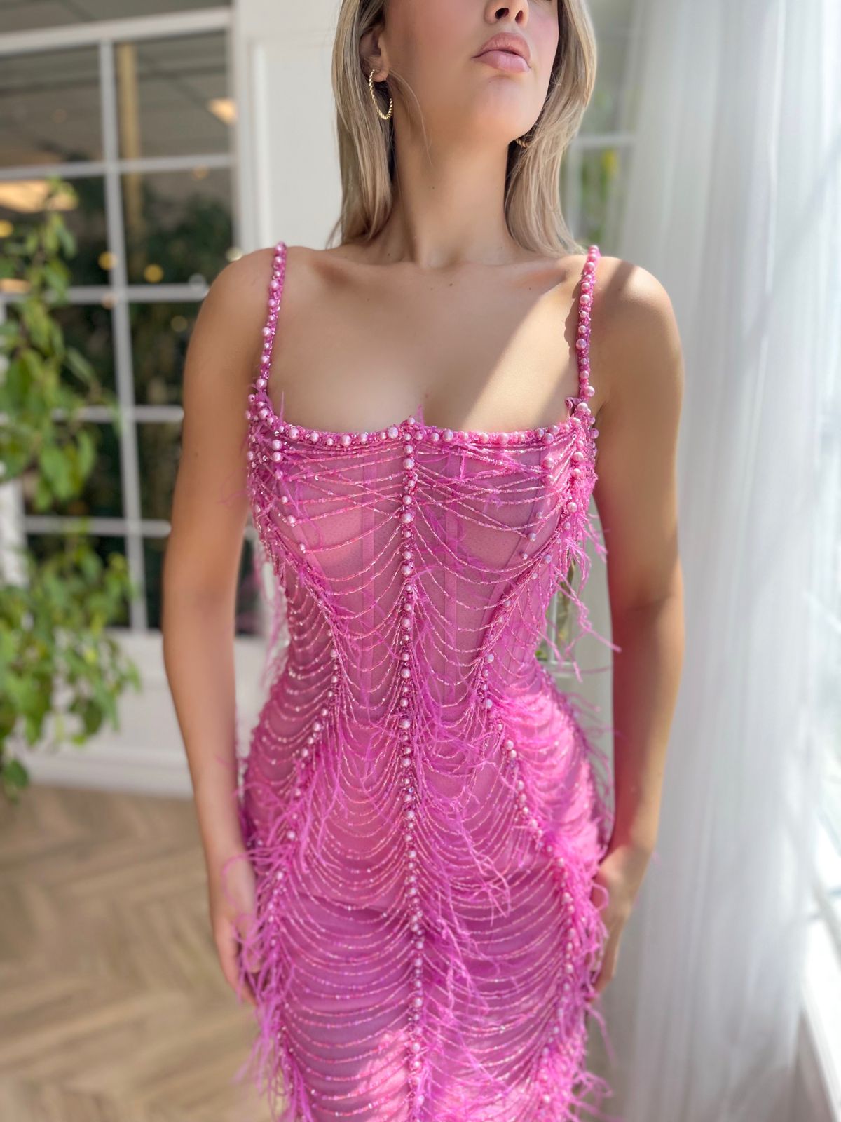 Pink mermaid dress with beading, spaghetti straps and embroidery