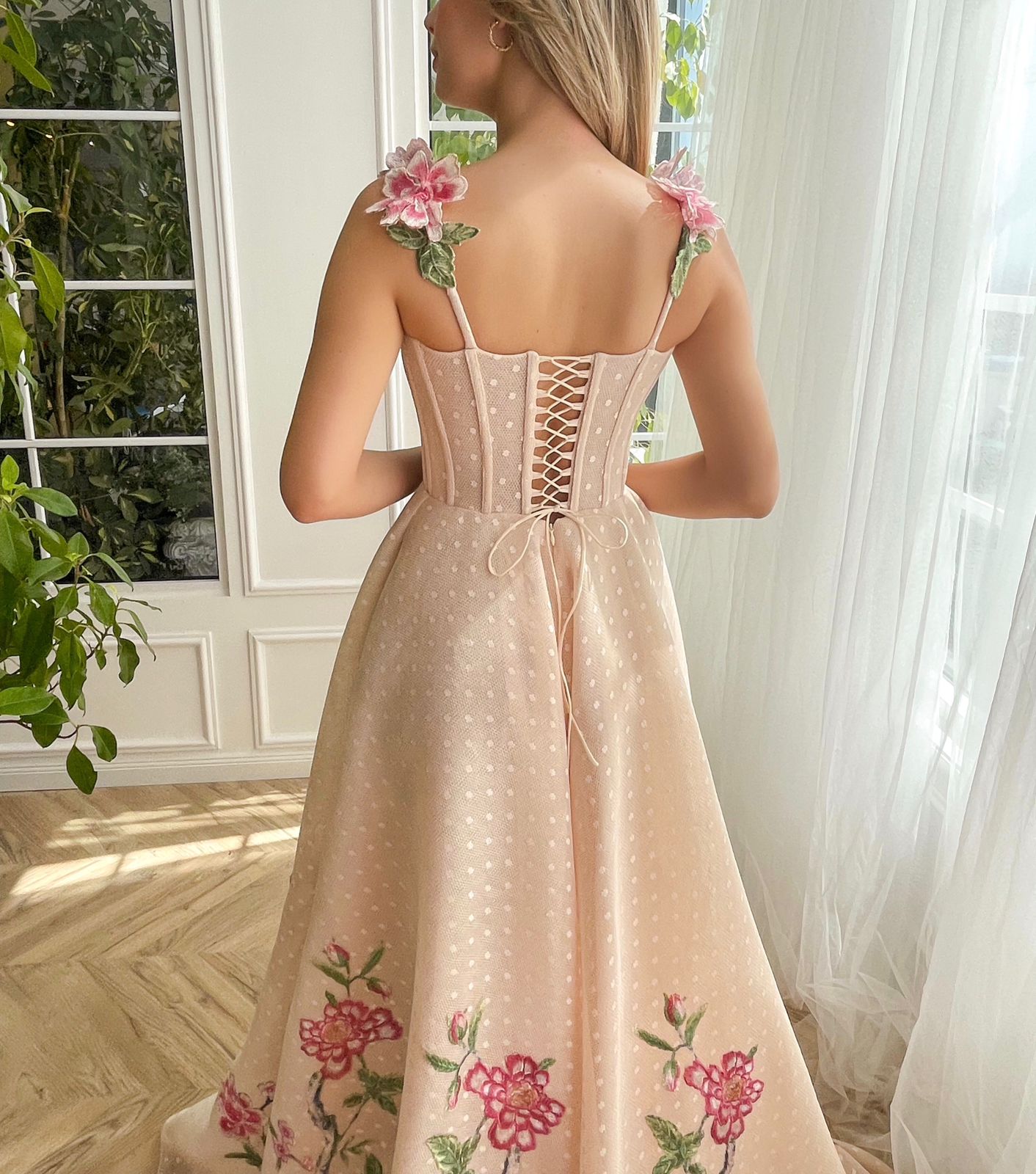 Beige A-Line dress with embroidery, dotted fabric and spaghetti straps