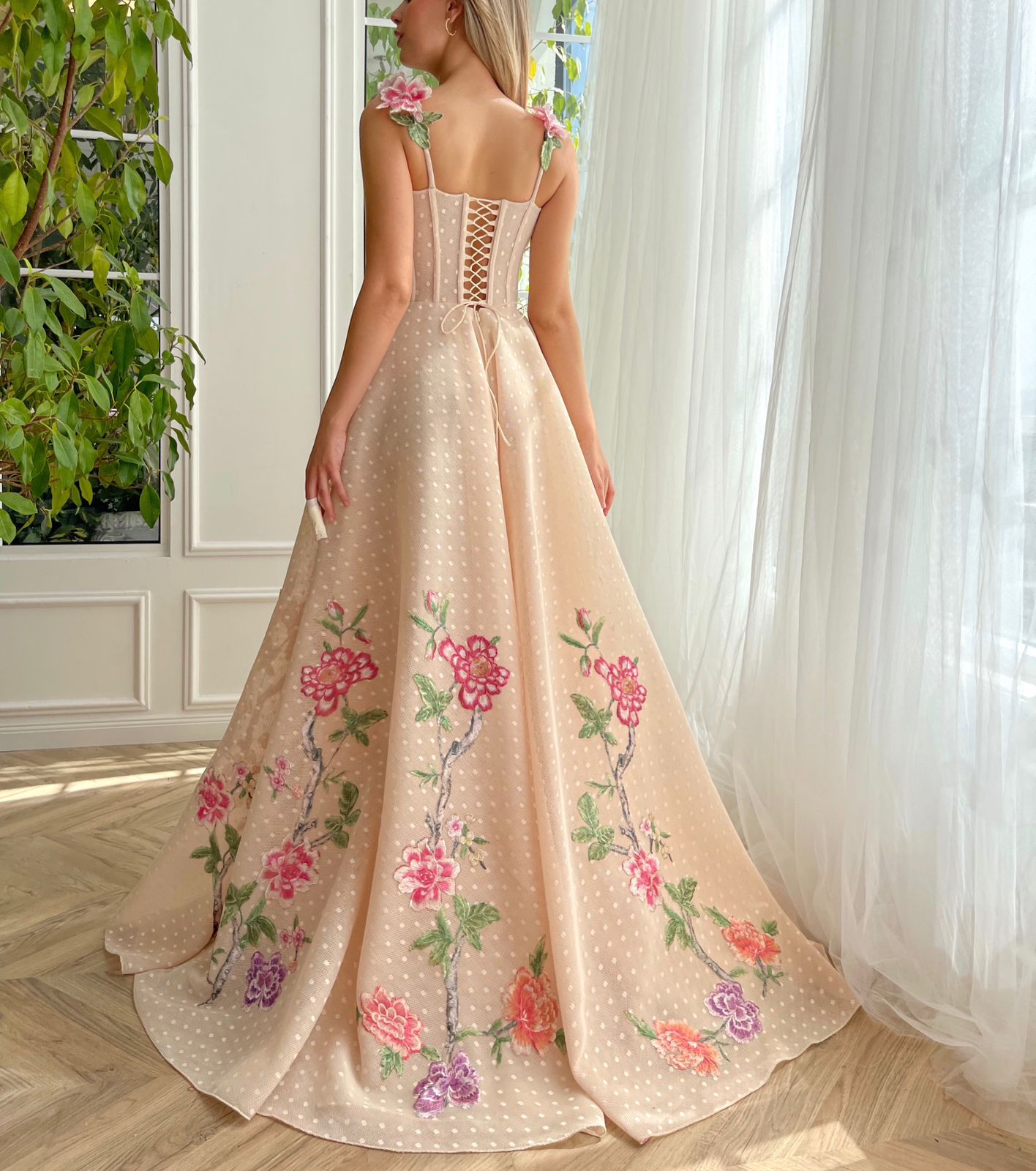 Beige A-Line dress with embroidery, dotted fabric and spaghetti straps