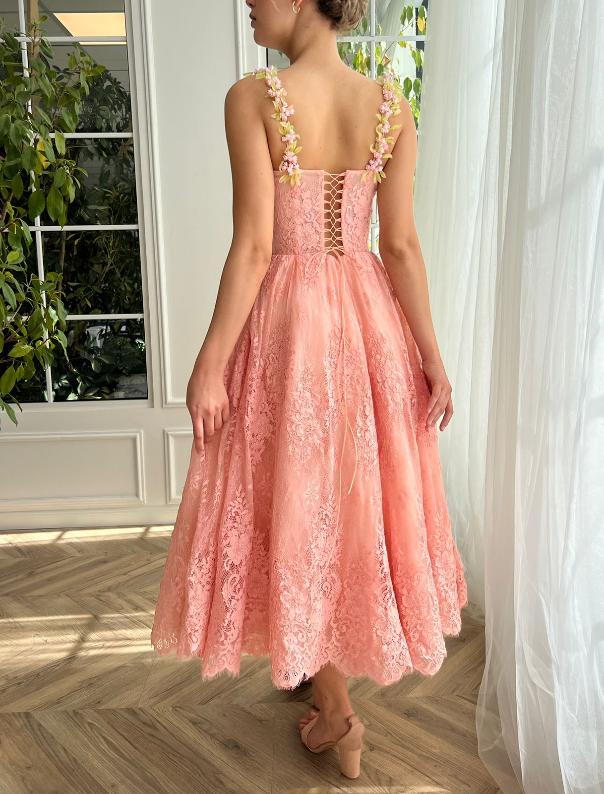 Pink midi dress with embroidery and spaghetti straps
