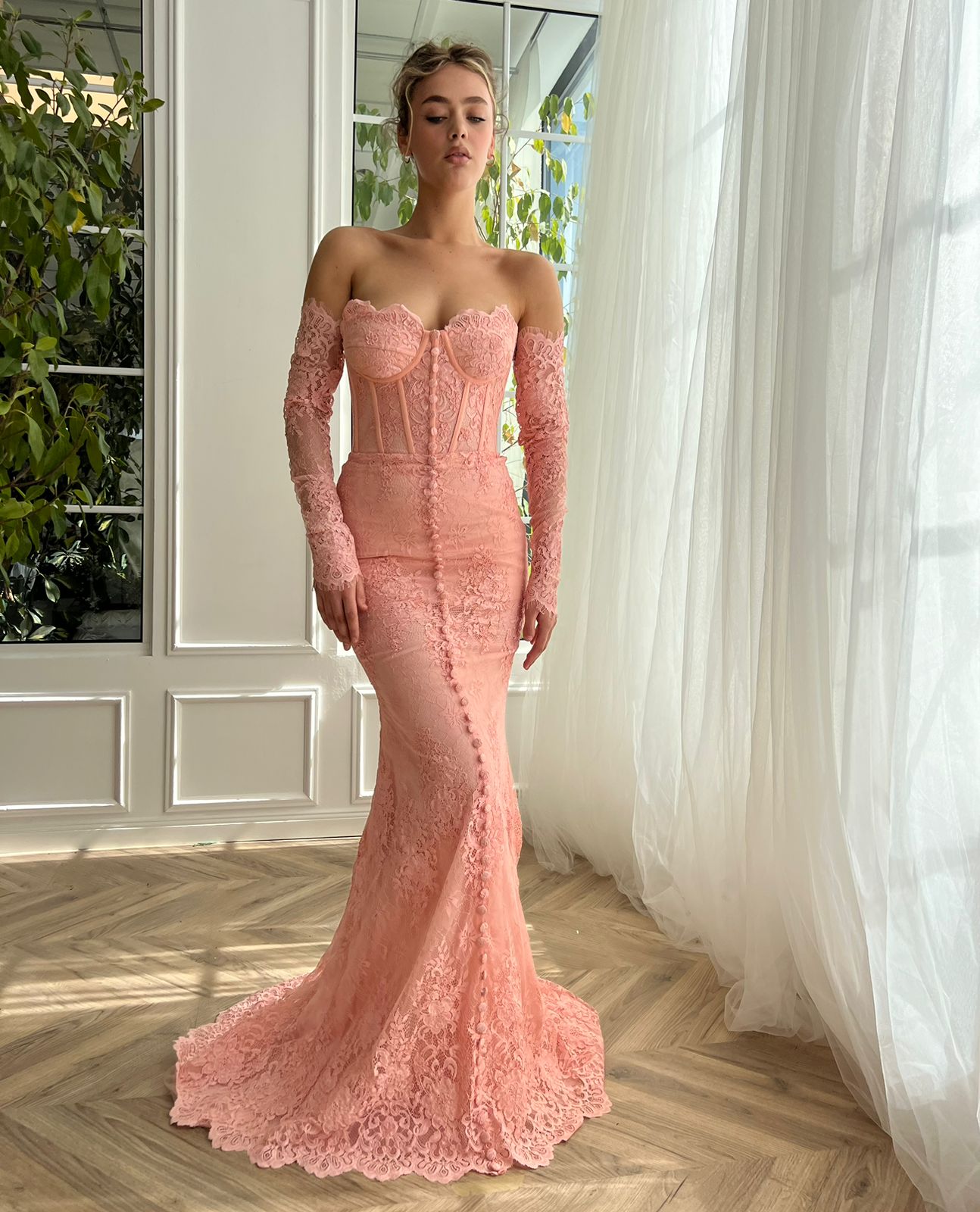 Pink mermaid dress with long off the shoulder sleeves