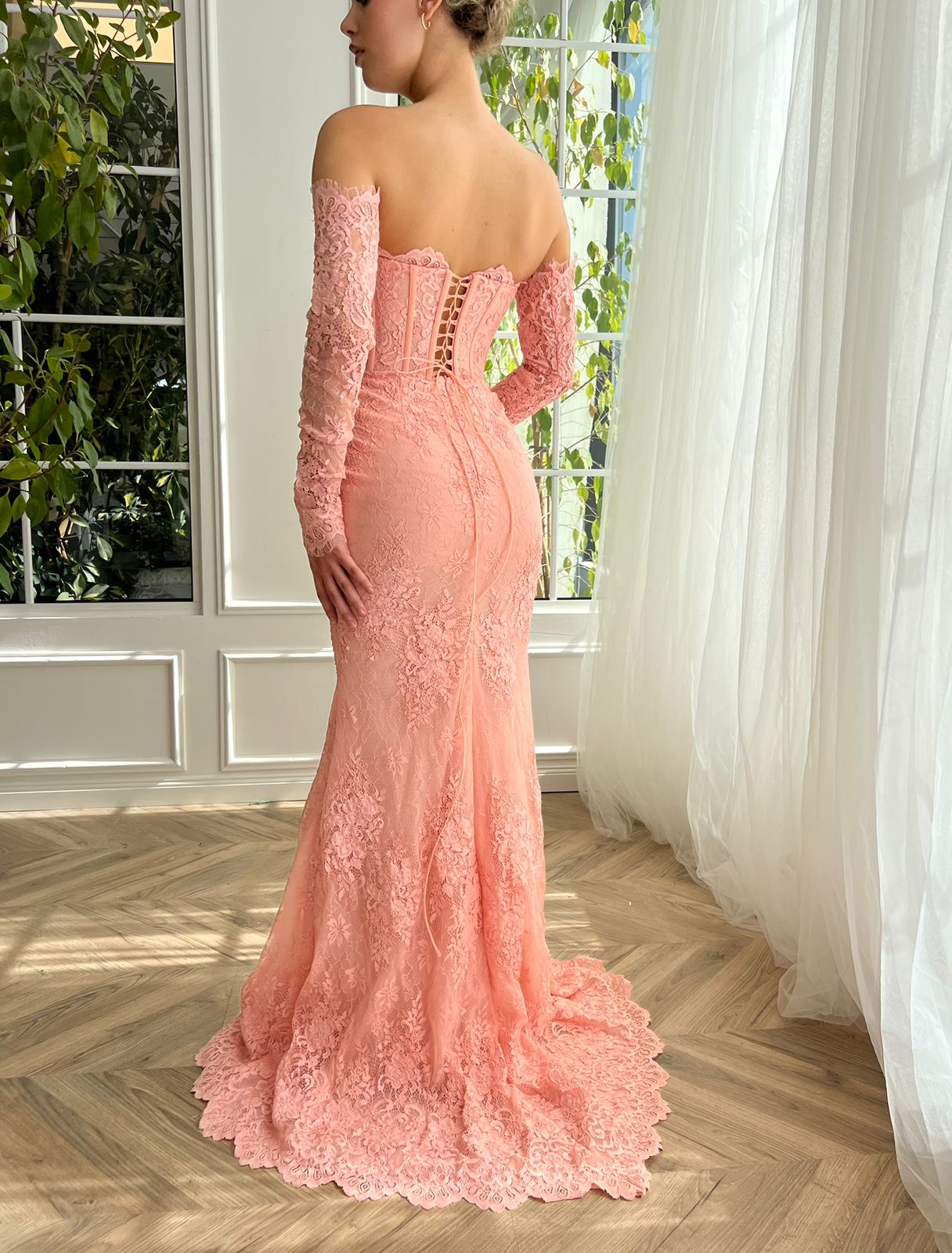 Pink mermaid dress with long off the shoulder sleeves