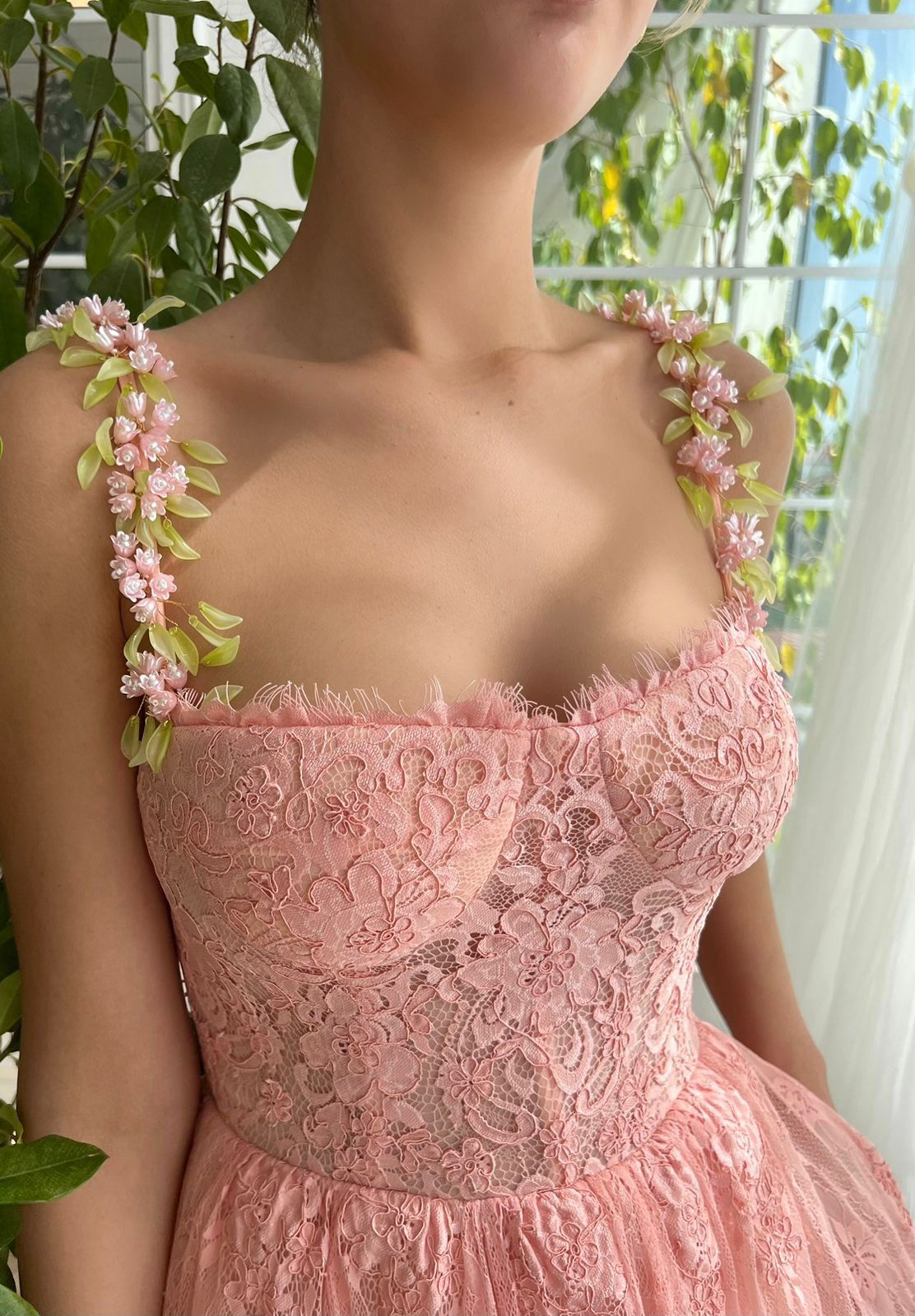 Pink midi dress with embroidery and spaghetti straps