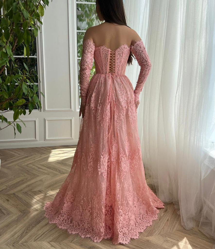Pink A-Line dress with long off the shoulder sleeves