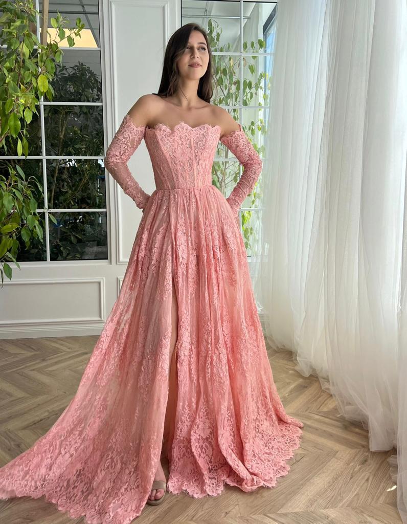 Pink A-Line dress with long off the shoulder sleeves