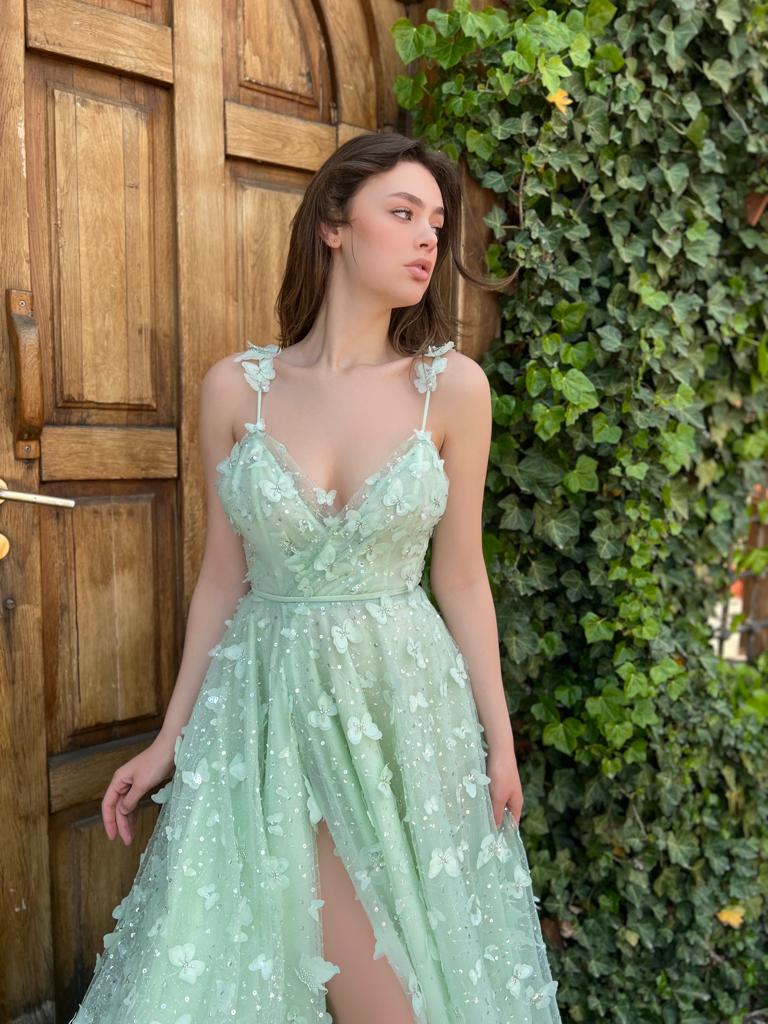 Green A-Line dress with spaghetti straps, v-neck and embroidered butterflies