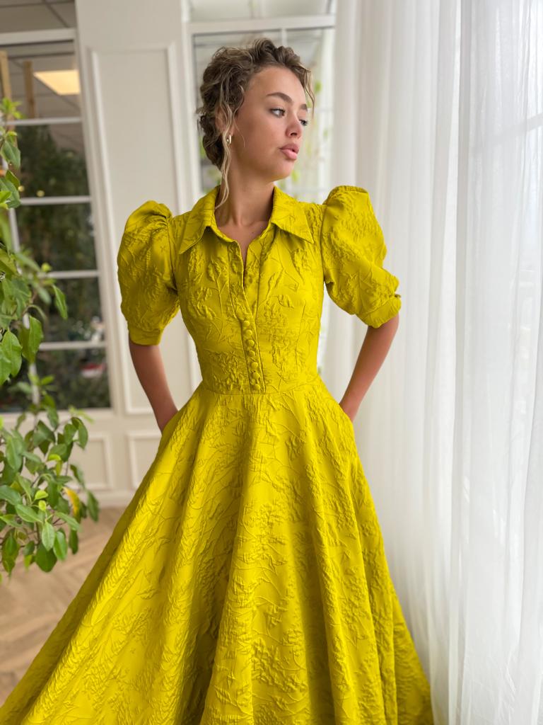 Yellow A-Line dress with short sleeves