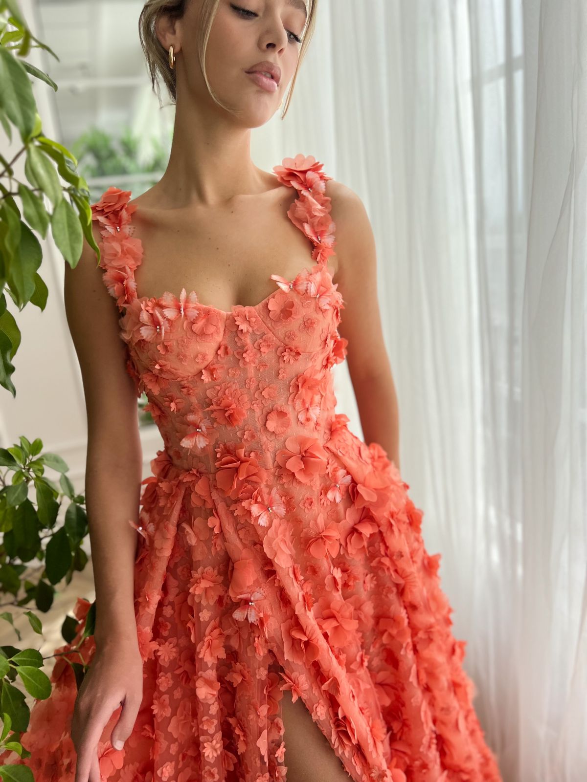 Peach A-Line dress with embroidered butterflies and spaghetti straps