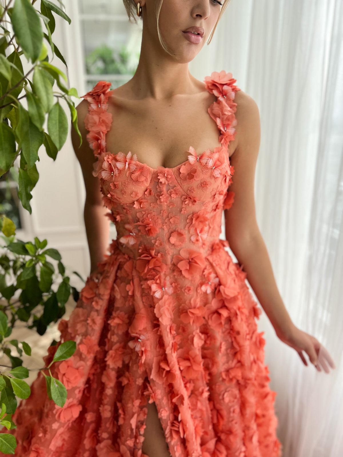 Peach A-Line dress with embroidered butterflies and spaghetti straps