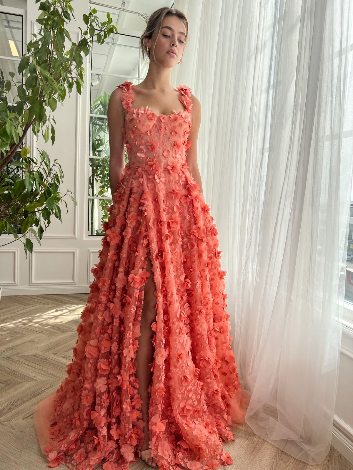 Peach A-Line dress with embroidered butterflies and spaghetti straps