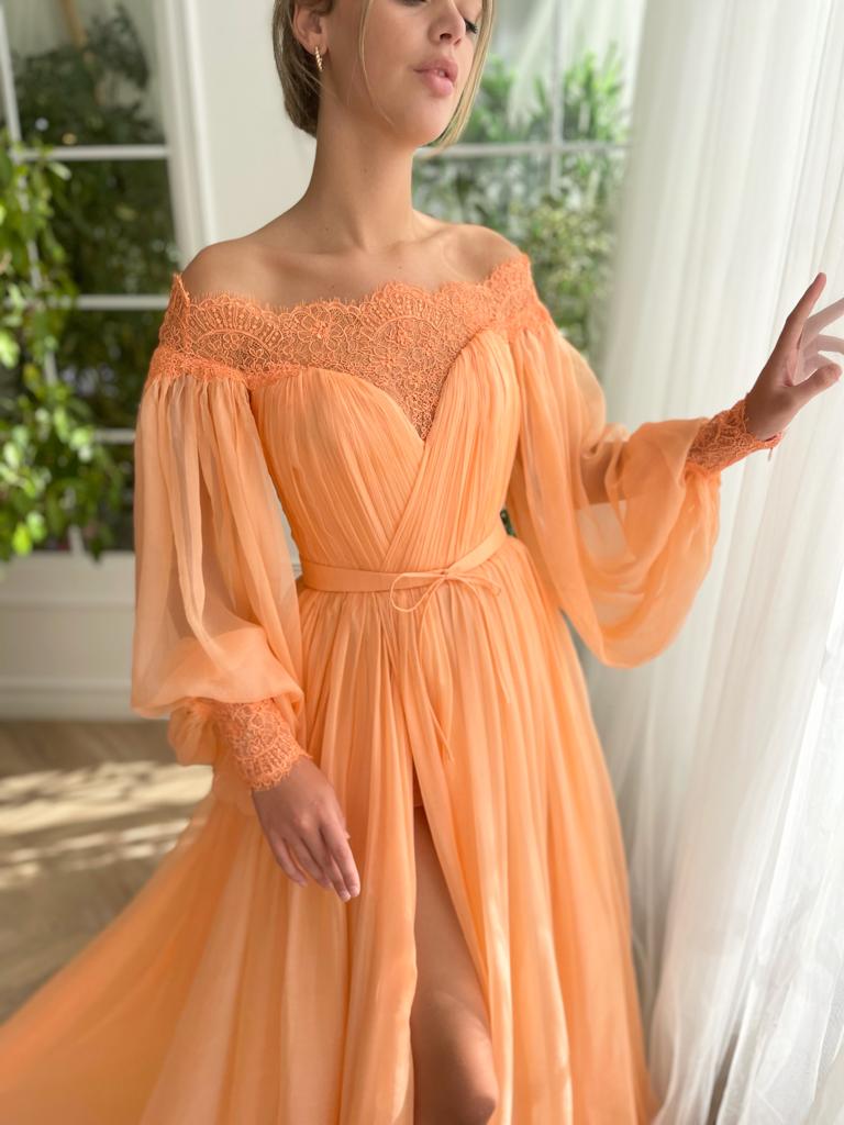 Peach A-Line dress with silk and long off the shoulder sleeves