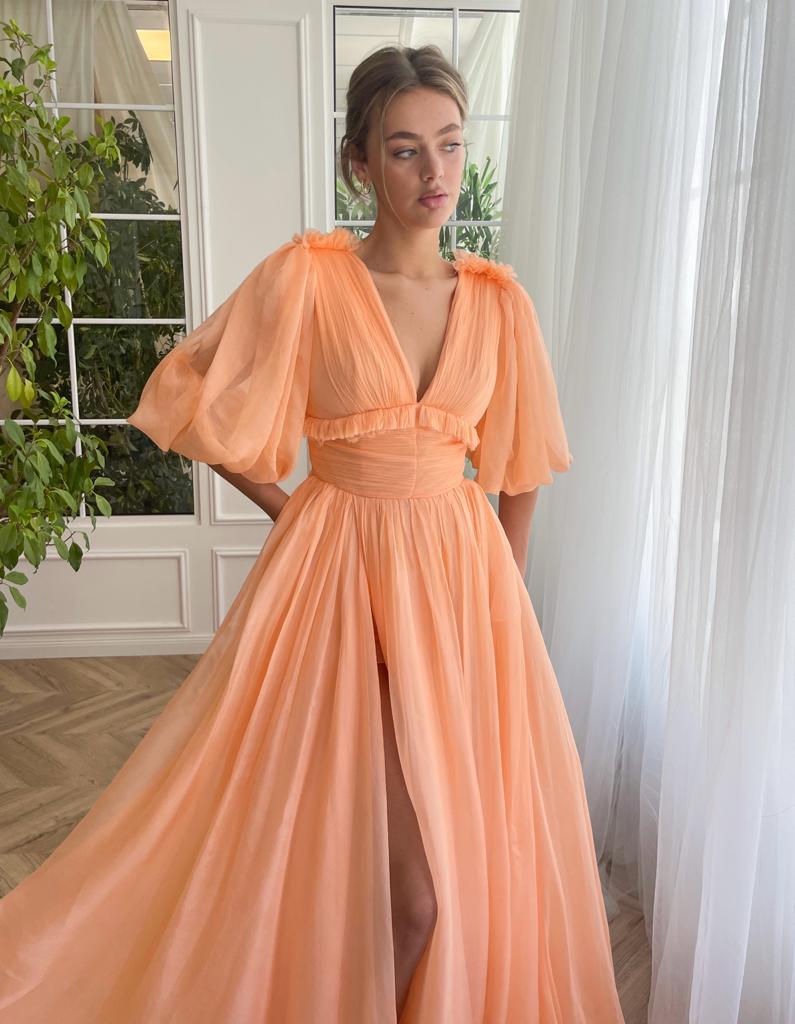 Peach A-Line dress with silk, v-neck and short sleeves