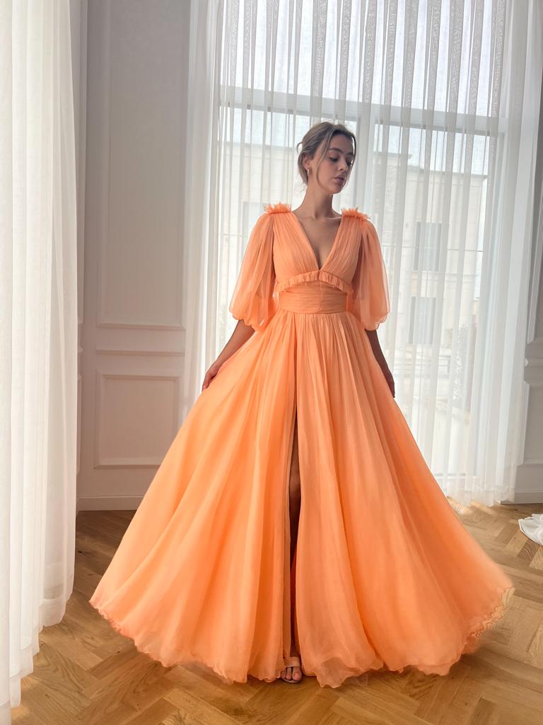 Peach A-Line dress with silk, v-neck and short sleeves
