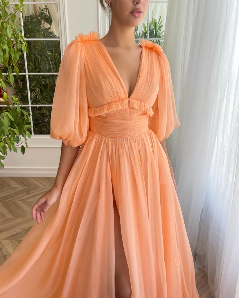 Peach A-Line dress with silk, v-neck and short sleeves