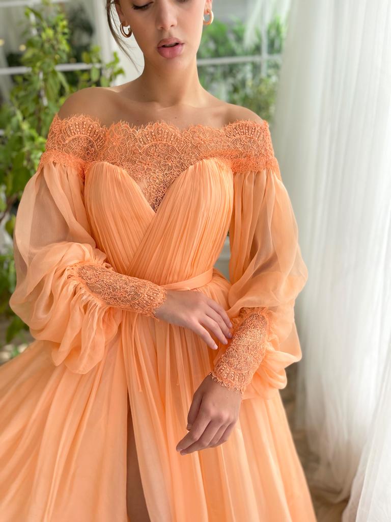 Peach A-Line dress with silk and long off the shoulder sleeves