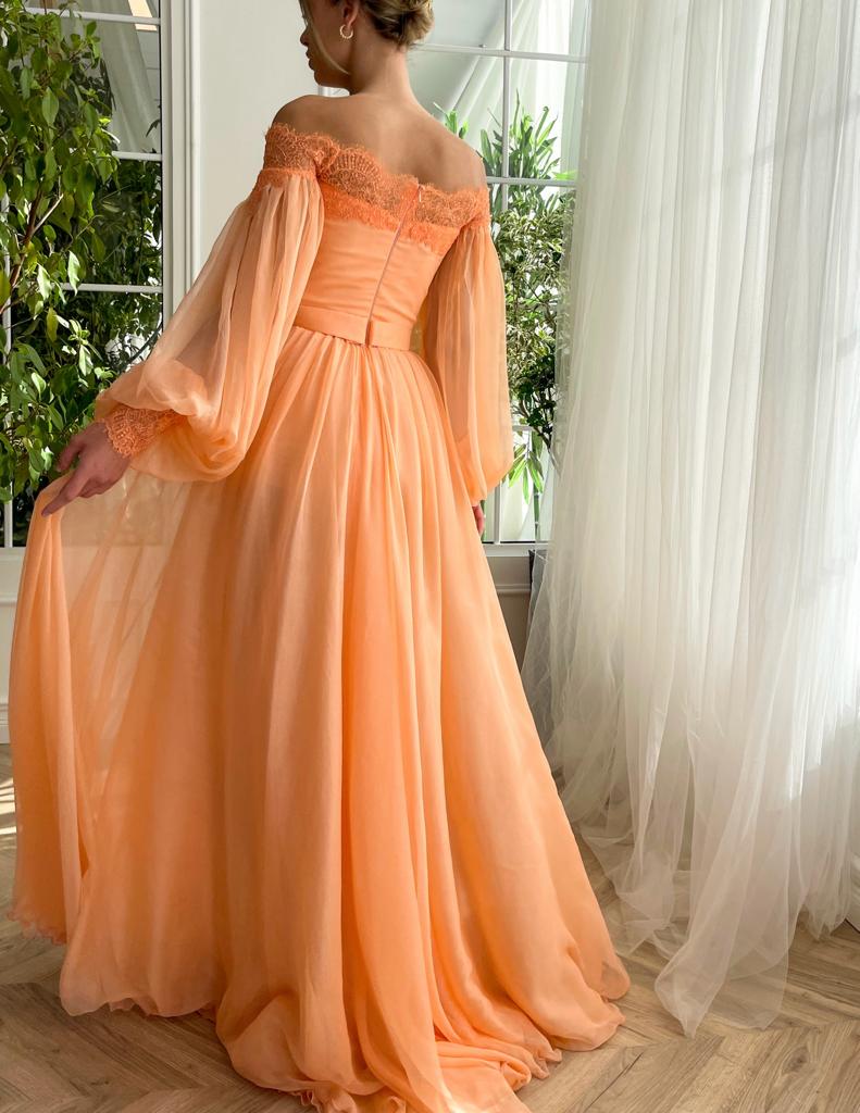 Peach A-Line dress with silk and long off the shoulder sleeves