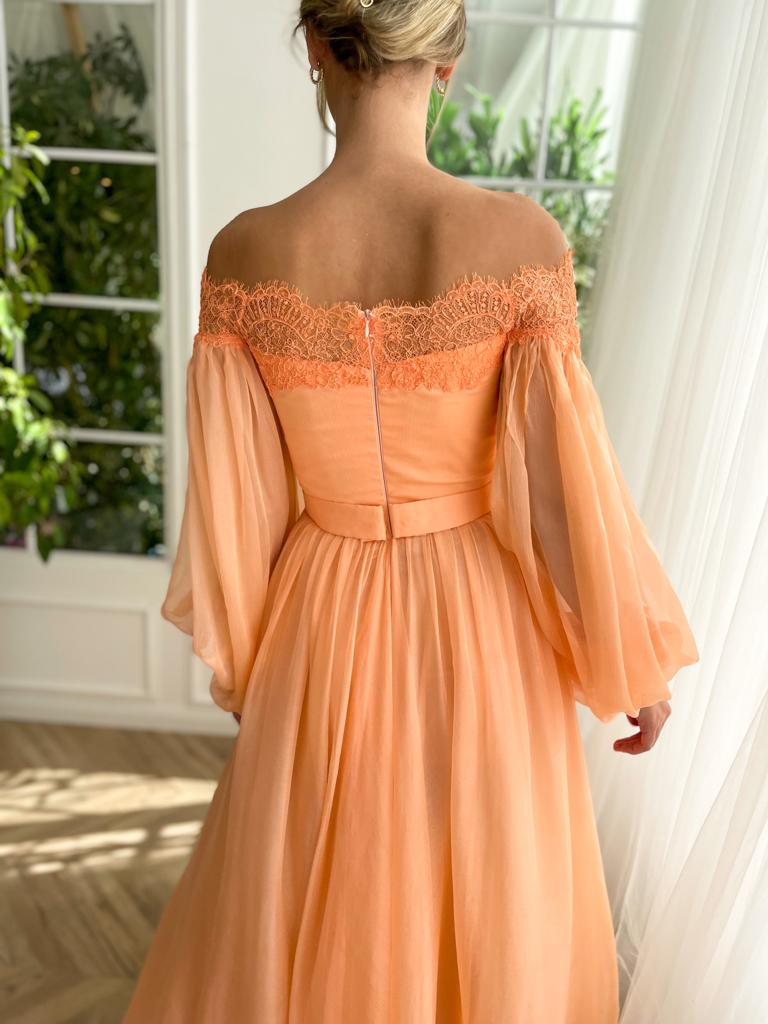 Peach A-Line dress with silk and long off the shoulder sleeves