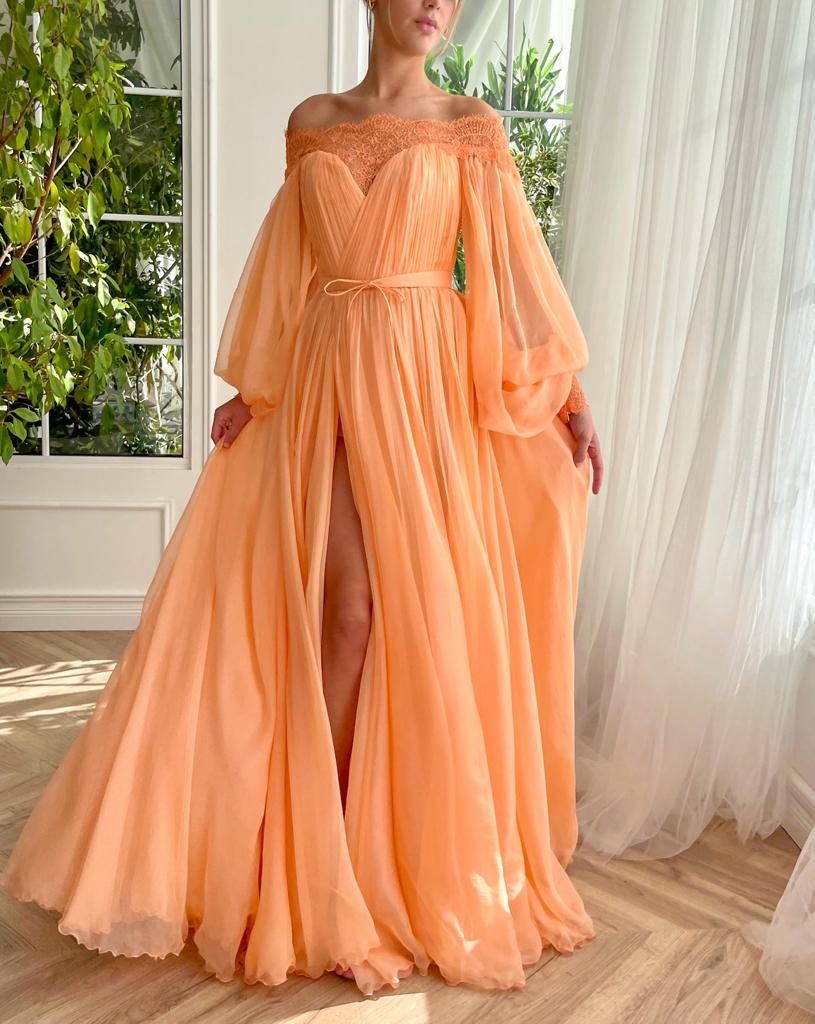 Peach A-Line dress with silk and long off the shoulder sleeves