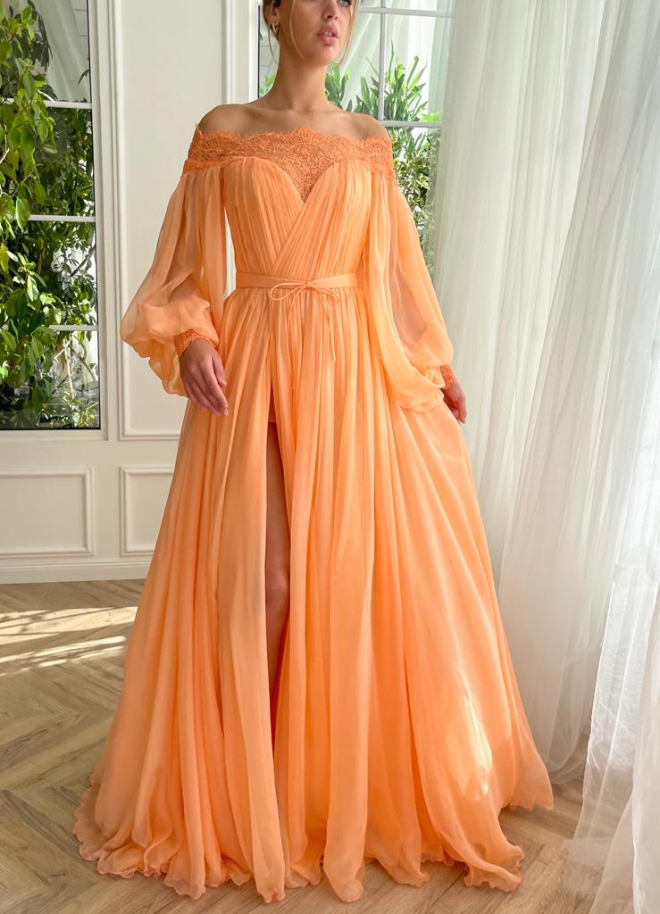 Peach A-Line dress with silk and long off the shoulder sleeves