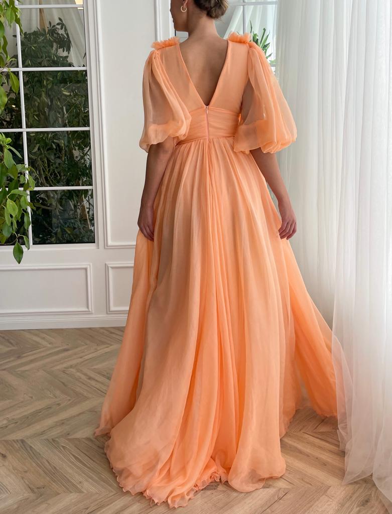 Peach A-Line dress with silk, v-neck and short sleeves