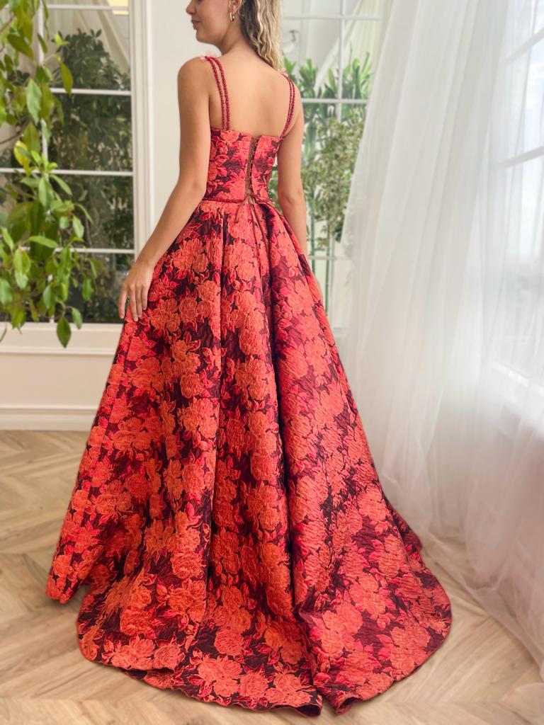 Red A-Line dress with embroidered butterflies and spaghetti straps