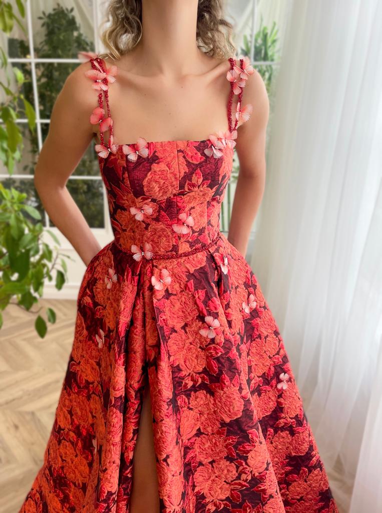 Red A-Line dress with embroidered butterflies and spaghetti straps