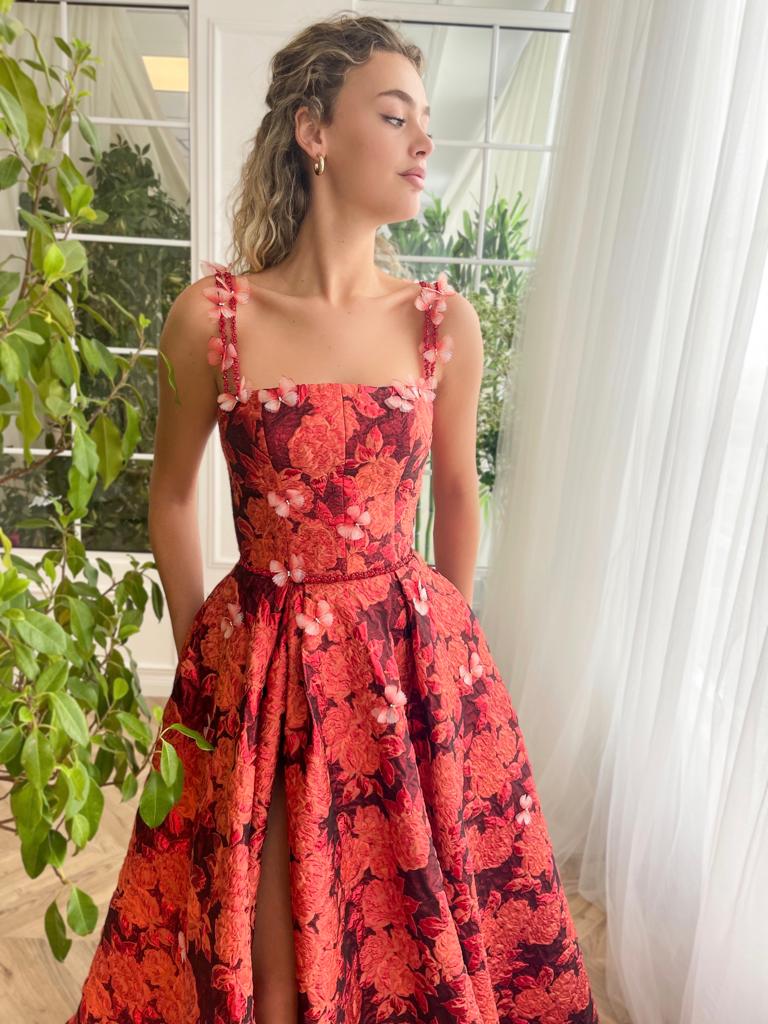 Red A-Line dress with embroidered butterflies and spaghetti straps