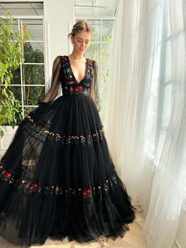 Black A-Line dress with long sleeves, v-neck and embroidery