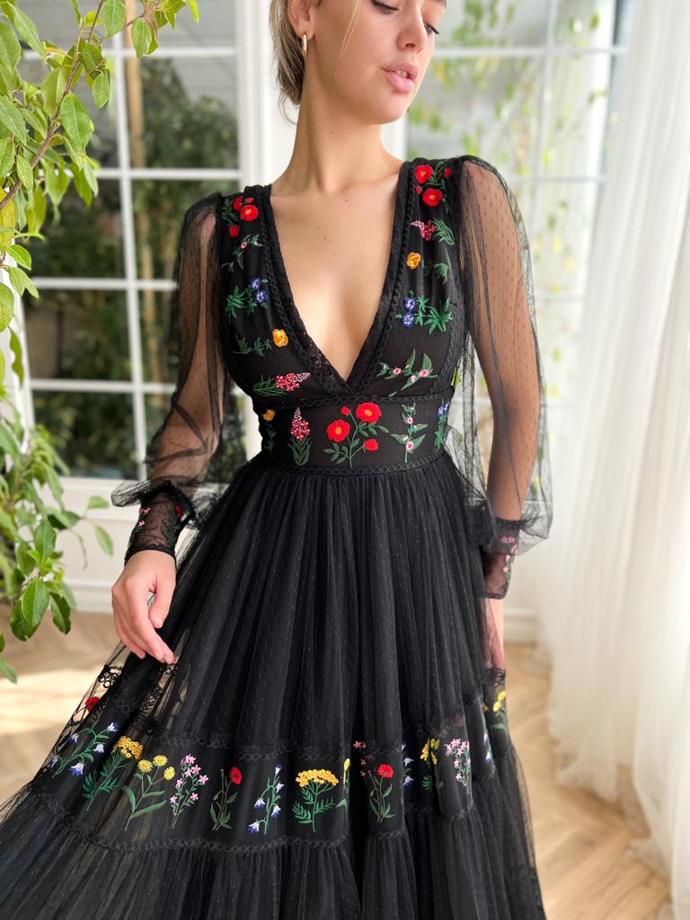 Black A-Line dress with long sleeves, v-neck and embroidery