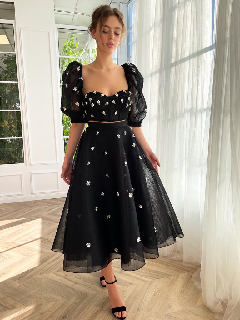 Black midi two piece dress with short sleeves and embroidered flowers