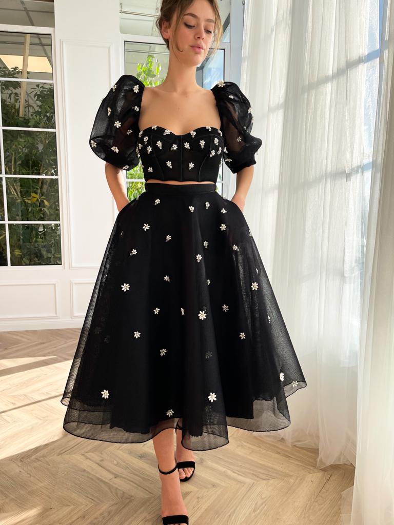 Black midi two piece dress with short sleeves and embroidered flowers